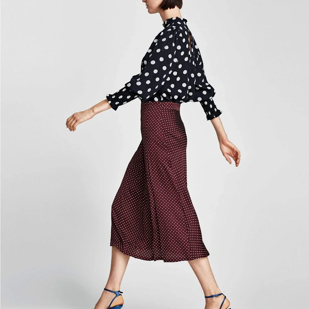 ZARA Smocked Puff Sleeve Polka Dot Mock Neck Blouse in Black